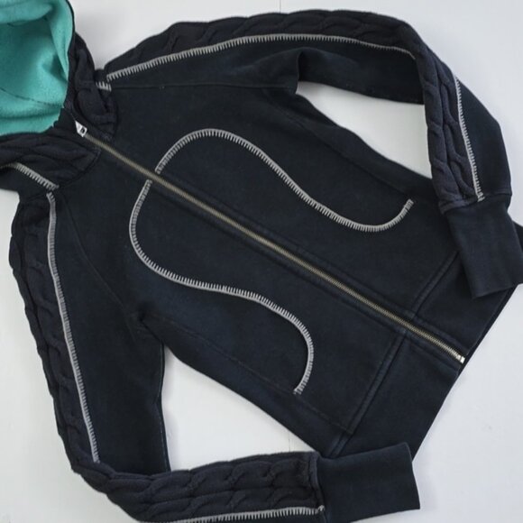Lululemon Scuba Hoodie Black Full Zip Black Teal Cable Knit Fleece Lined Size 4 - Picture 4 of 15
